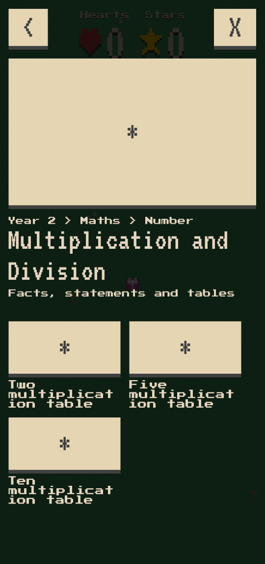 A modal dialogue is now over the grassy map showing us several multiplication challenges we can select.