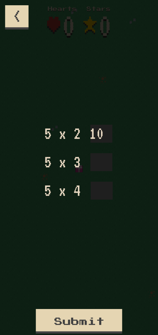 We see three questions from the five times table with empty boxes to fill in our answers and a submit button.