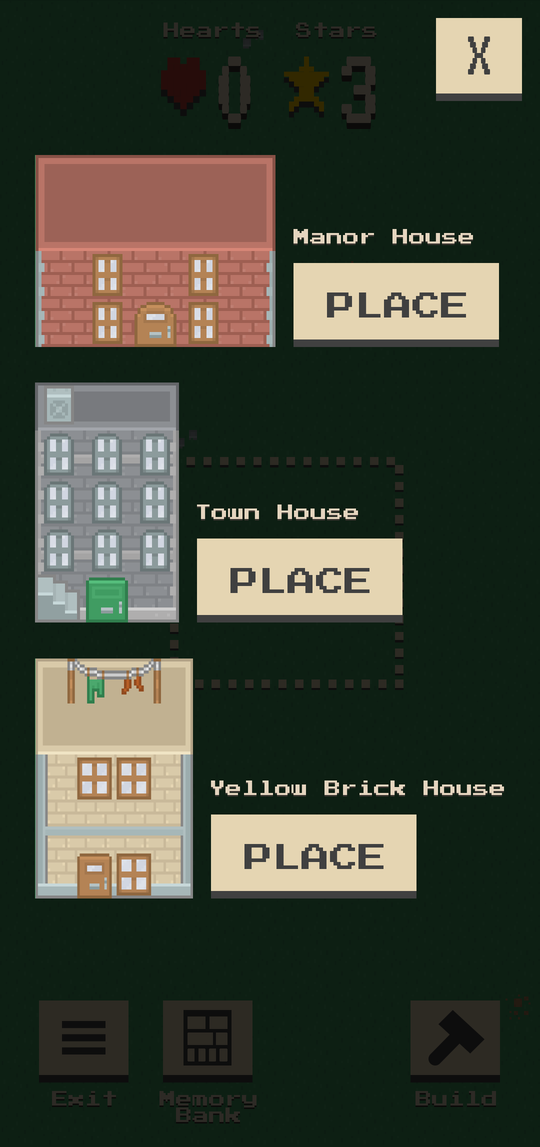 A modal dialog appears over the empty city asking us to choose from one of 3 houses to place in the city.