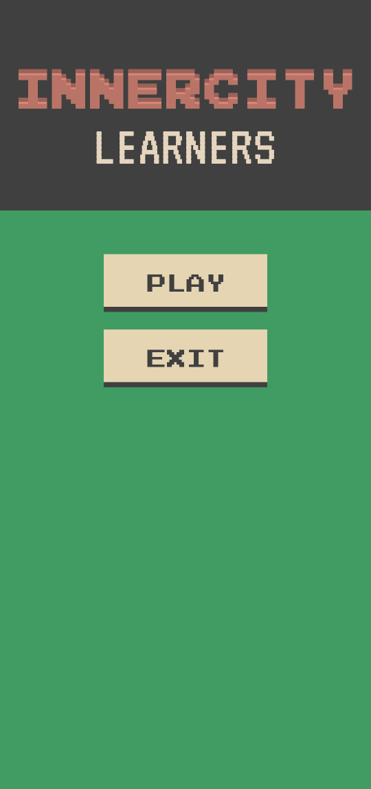 The title screen reads 'Inner City Learners' with two buttons: play and exit.