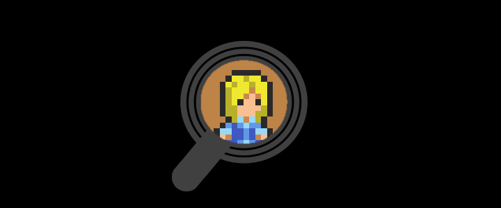 A large magnifying glass is held over a pixilated human character with blond hair and blue clothes