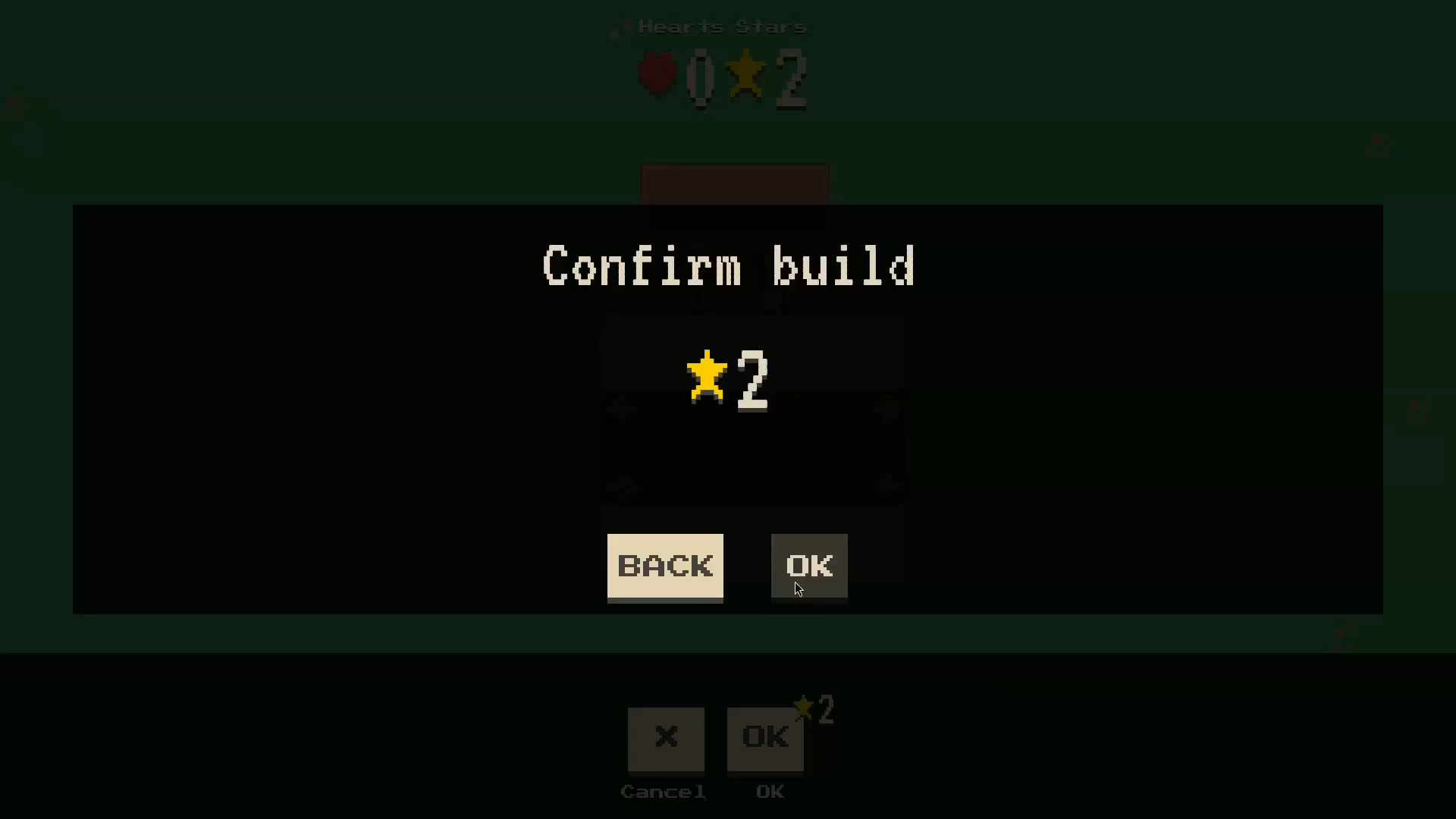 A modal dialogue is shown over our city titled 'Confirm Build'. It has two buttons 'Back' and 'OK' and shows a price for the build: 2 stars.