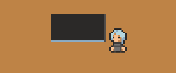 A pixelated character stands by a blackboard